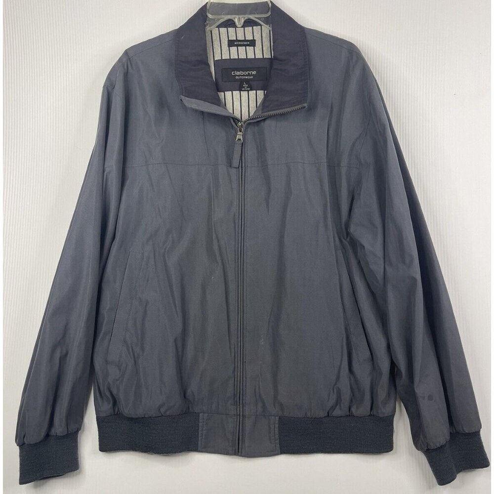 Claiborne Jacket Large Mens Blue Full Zip Microfiber Bomber Grandpa Cottage